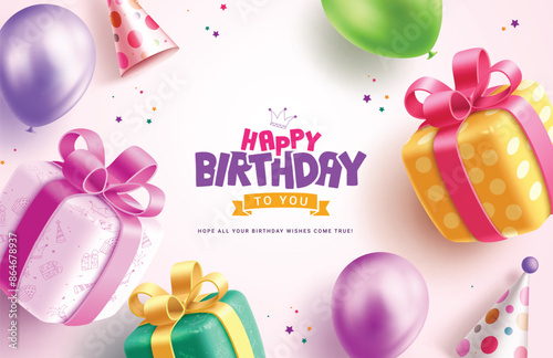 Happy birthday greeting vector design. Birthday greeting text with gift boxes, balloons, party hat and stars decoration elements. Vector illustration card background.
