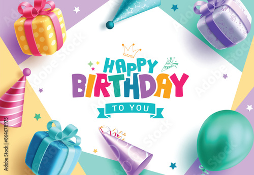 Happy birthday greeting vector template design. Birthday greeting text with gift box, party hat, balloons and stars decoration elements for party celebration. Vector illustration invitation card 