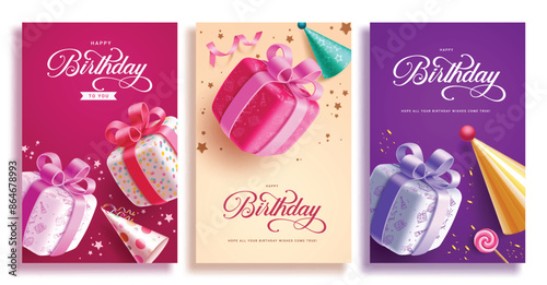 Happy birthday greeting vector poster set design. Birthday invitation card with colorful gift box, party hat and lollipop elements in red, purple background. Vector illustration poster collection 