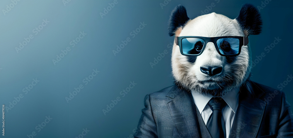 Portrait of a chic panda wearing fashionable sunglasses and a formal business suit sitting in a minimalist office or studio setting with ample copyspace for text or branding Portrait of a chic panda wearing fashionable sunglasses and a formal business suit sitting in a minimalist office or studio setting with ample copyspace for text or branding