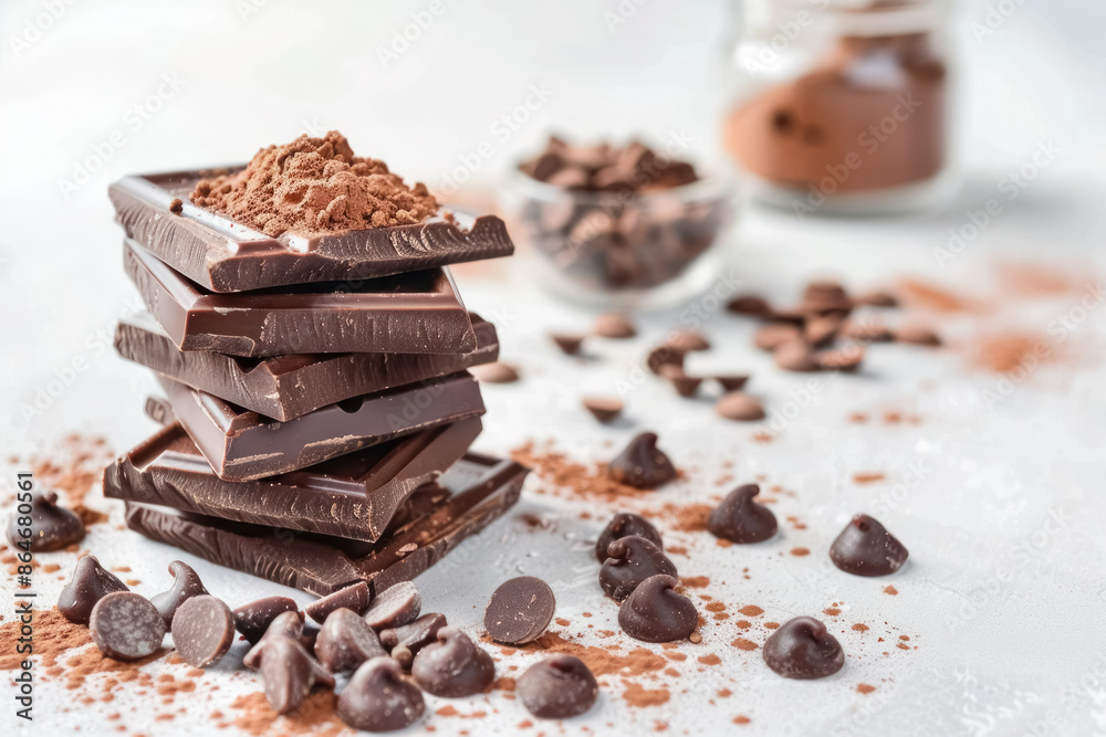delicious dark chocolate stack with cocoa powder and chocolate chips on white background