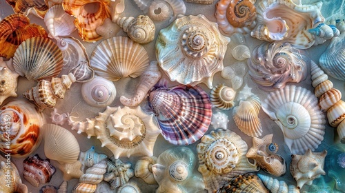 kaleidoscopic array of seashells iridescent hues intricate patterns beachcombers treasure