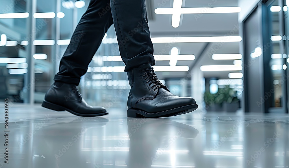 Fototapeta premium Black Leather Boots on Shiny Floor