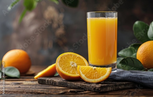 Glass of Fresh Orange Juice With Slices on Wooden Table