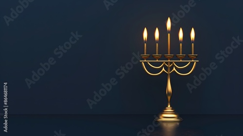 Golden menorah with candles on dark blue background photo