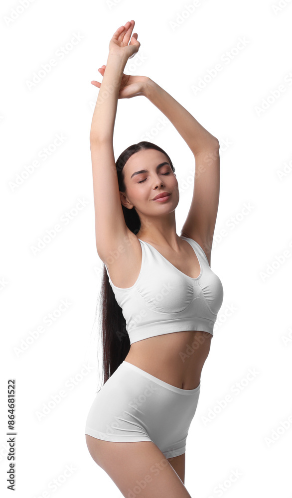 Diet and weight loss concept. Beautiful young woman with slim body against white background Diet and weight loss concept. Beautiful young woman with slim body against white background