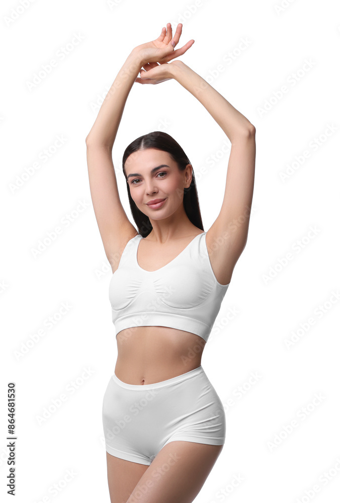 Diet and weight loss concept. Beautiful young woman with slim body against white background Diet and weight loss concept. Beautiful young woman with slim body against white background