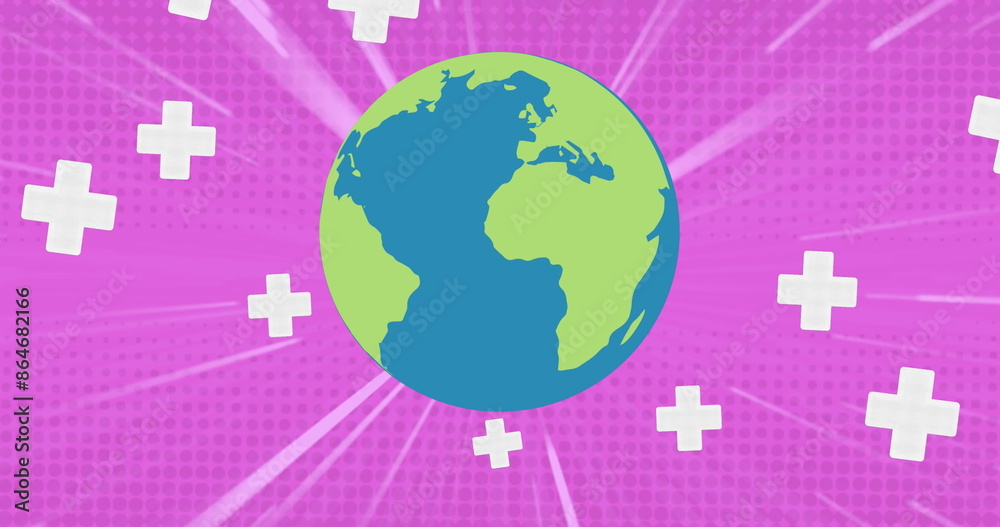 Fototapeta premium Image of globe over falling crosses on pink background