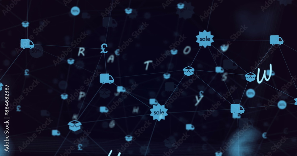 Image of network of connections with icons on black background Image of network of connections with icons on black background