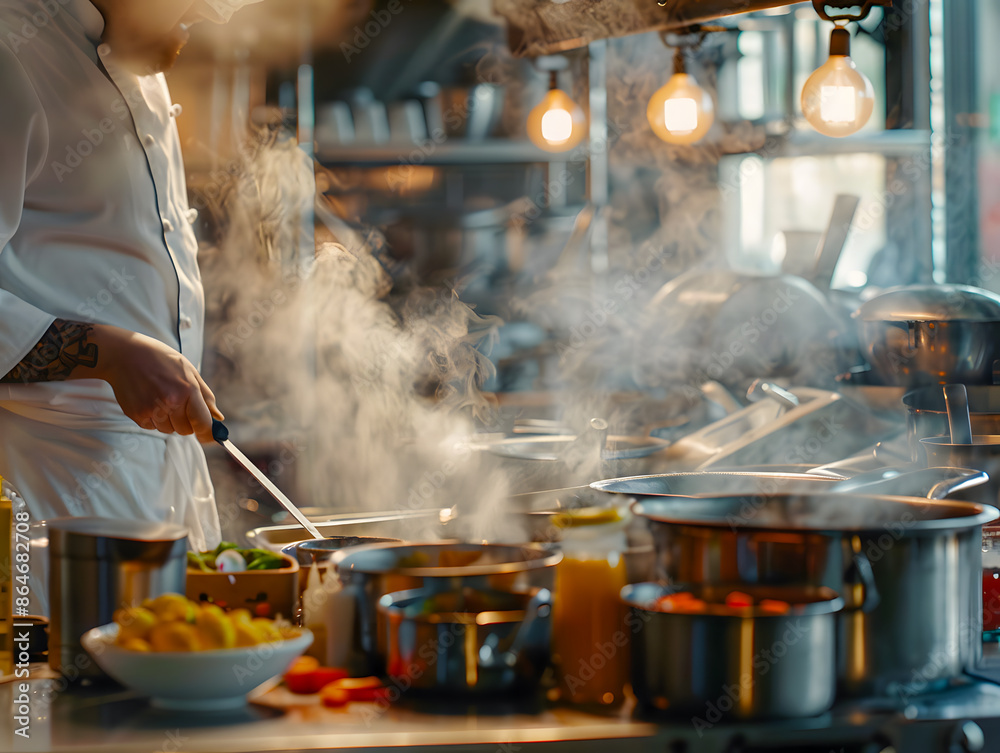 A realistic shot of a chef preparing food in a busy kitchen, with steam rising from pots and pans and colorful condiments scattered on the counter. A realistic shot of a chef preparing food in a busy kitchen, with steam rising from pots and pans and colorful condiments scattered on the counter.