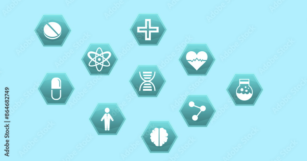 Image of medical icons with data processing on blue background Image of medical icons with data processing on blue background