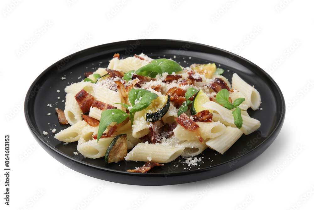 Tasty pasta with bacon and basil isolated on white Tasty pasta with bacon and basil isolated on white