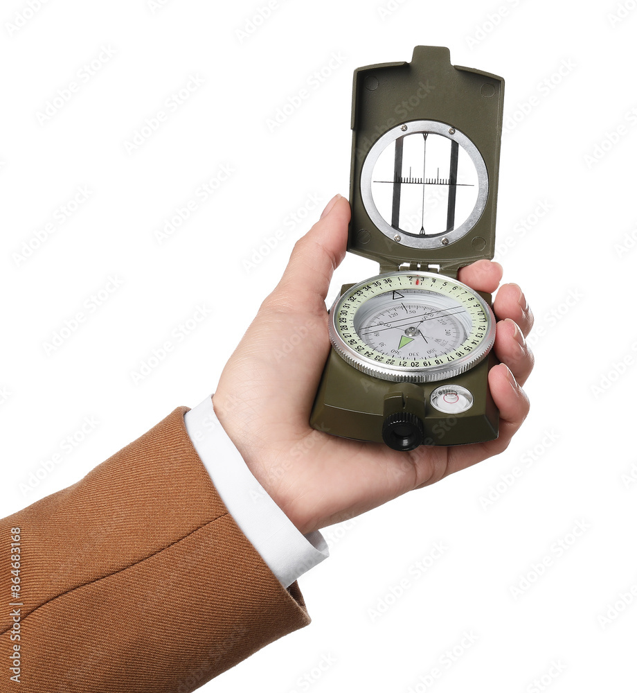 Woman holding compass on white background, closeup Woman holding compass on white background, closeup