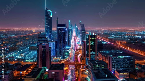 Wallpaper Mural Night view of the city with illuminated skyscraper. Aerial view, video footage. Torontodigital.ca