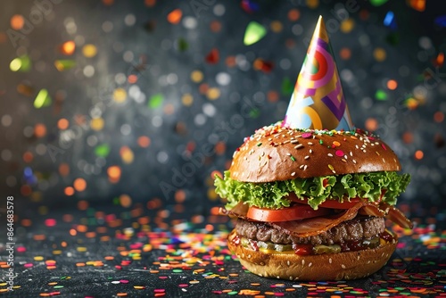 Burger with a birthday hat and confetti
