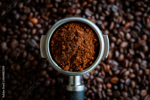 Close-up, ground in portafilter on coffee beans and wood background..