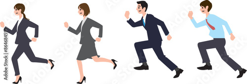 スーツ姿で走るビジネスマン（男性）とビジネスウーマン（女性）のセット
