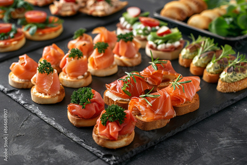 mini canapes, snacks and appetizers on the table
