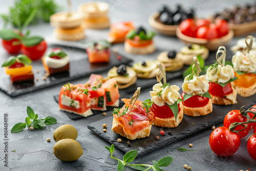 mini canapes, snacks and appetizers on the table