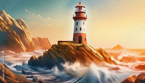 A lighthouse standing tall on a rocky cliff, illuminated by the golden hues of the setting s photo