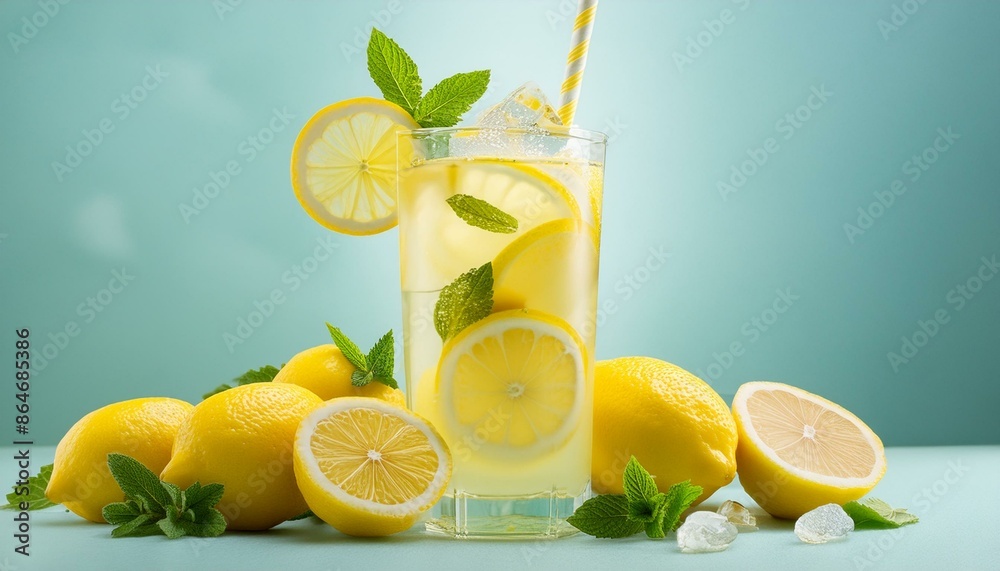 A tall glass of ice-cold lemonade with lemon slices, fresh mint leaves, and a paper straw, A tall glass of ice-cold lemonade with lemon slices, fresh mint leaves, and a paper straw,