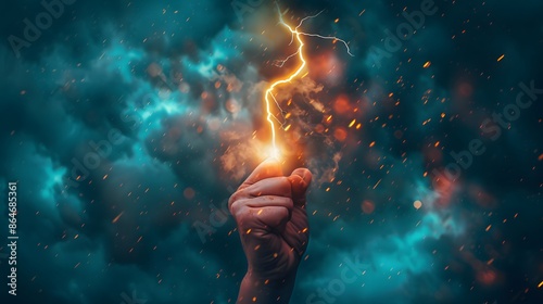Hand holding up a lightning bolt. Energy and power. Stormy background photo