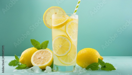 A tall glass of ice-cold lemonade with lemon slices, fresh mint leaves, and a paper straw, 