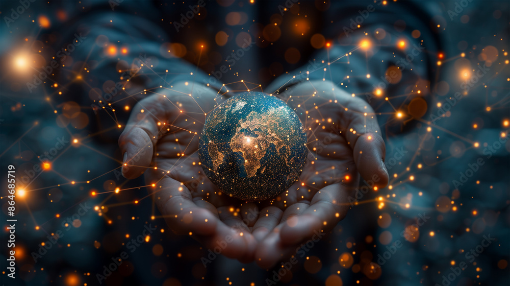 A businessman holding a hologram of a world map symbolizing connectivity in the financial world, trading A businessman holding a hologram of a world map symbolizing connectivity in the financial world, trading