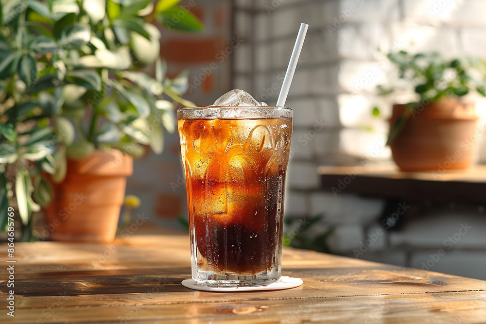 ice coffee on a wooden table with a potted plant and a white brick wall background ice coffee on a wooden table with a potted plant and a white brick wall background