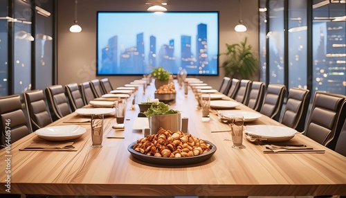 Modern boardroom featuring a gourmet lunch spread, sleek wooden table, high-backed chairs, a