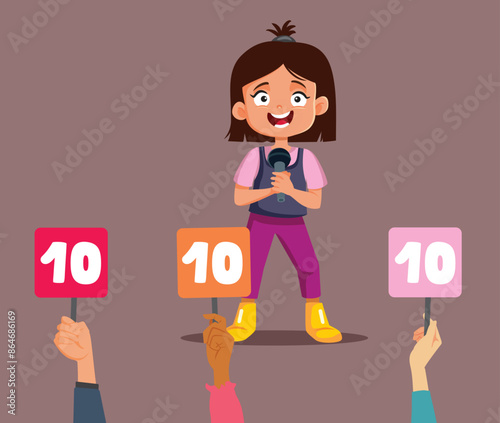 Jury Gives Highest Mark to a Girl who Sings Vector Cartoon. Singer child getting appreciation on a talent show 
