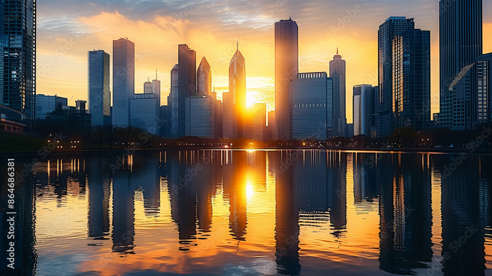 Cityscape silhouette reflects sunset on modern skyscrapers, AI Generative. Cityscape silhouette reflects sunset on modern skyscrapers, AI Generative.