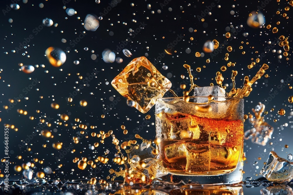 crystal whiskey glass with amber liquid splashing dramatically ice cube suspended midair droplets scattering deep black background highspeed photography rich contrast crystal whiskey glass with amber liquid splashing dramatically ice cube suspended midair droplets scattering deep black background highspeed photography rich contrast