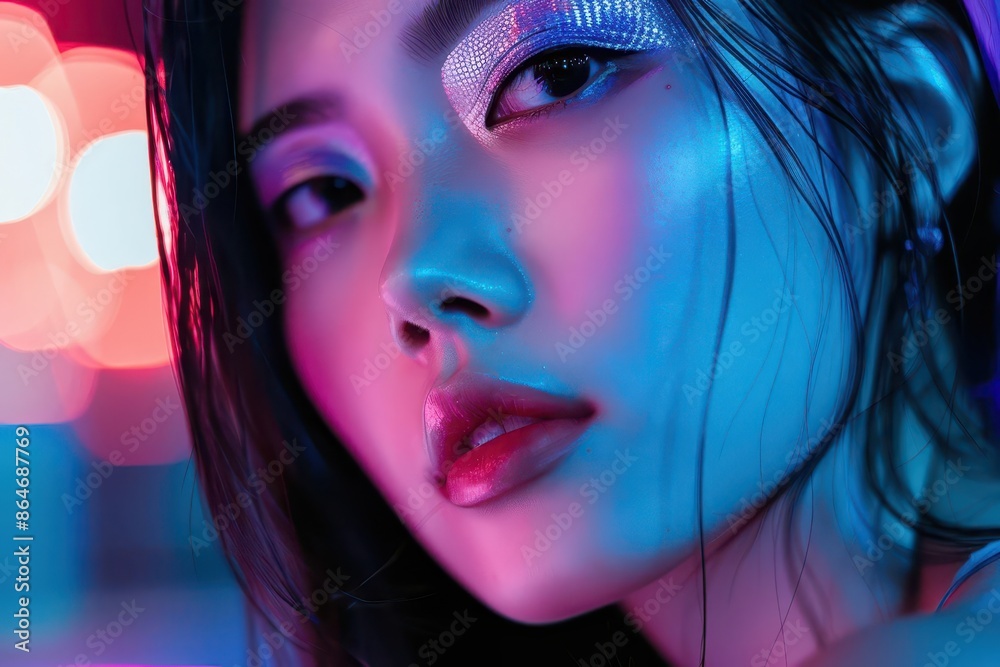 cyberpunk asian beauty portrait neon lighting futuristic makeup holographic accents urban night background cyberpunk asian beauty portrait neon lighting futuristic makeup holographic accents urban night background