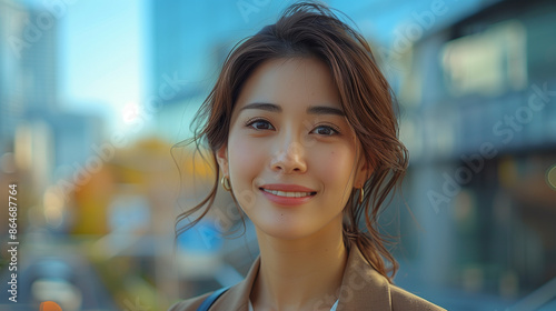 Free Download A Japanese businesswoman standing smiling warmly in the background of buildings and skyscrapers. - GFXLoad