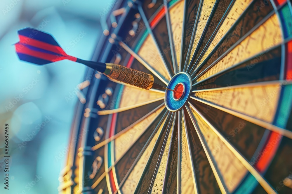 Obraz premium dart hitting bullseye on colorful dartboard business success concept 3d render