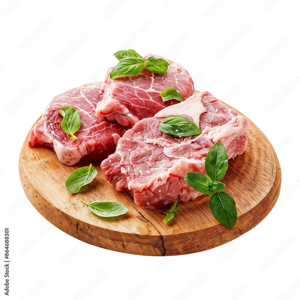 Piece of raw meat on a wooden plate, isolated on transparent background Piece of raw meat on a wooden plate, isolated on transparent background