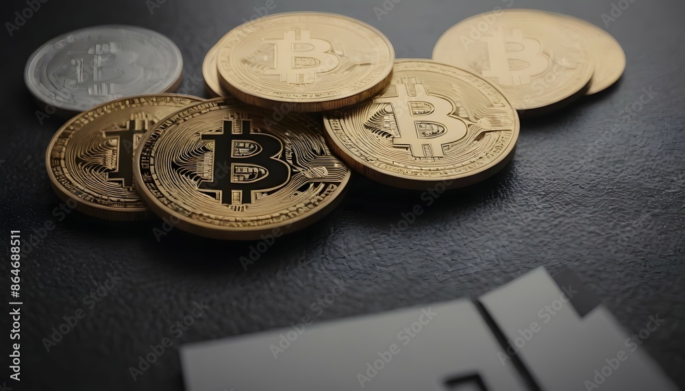 Golden Bitcoin coins. Cryptocurrency background concept. Close up golden bitcoin coin. BTC crypto coins. Digital currency Golden Bitcoin coins. Cryptocurrency background concept. Close up golden bitcoin coin. BTC crypto coins. Digital currency