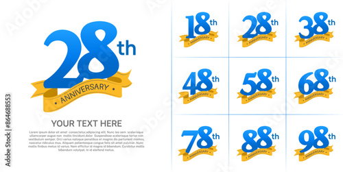 anniversary logotype set vector, blue color and orange ribbon for special day celebration