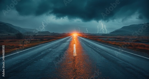 Straight Road Leading Towards Lightning Storm in Mountains