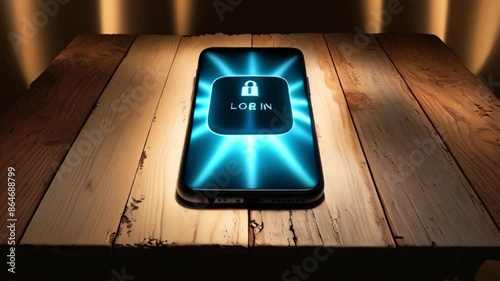 The video is of a black smartphone on a wooden table. The screen is lit up with a blue light, and it says 