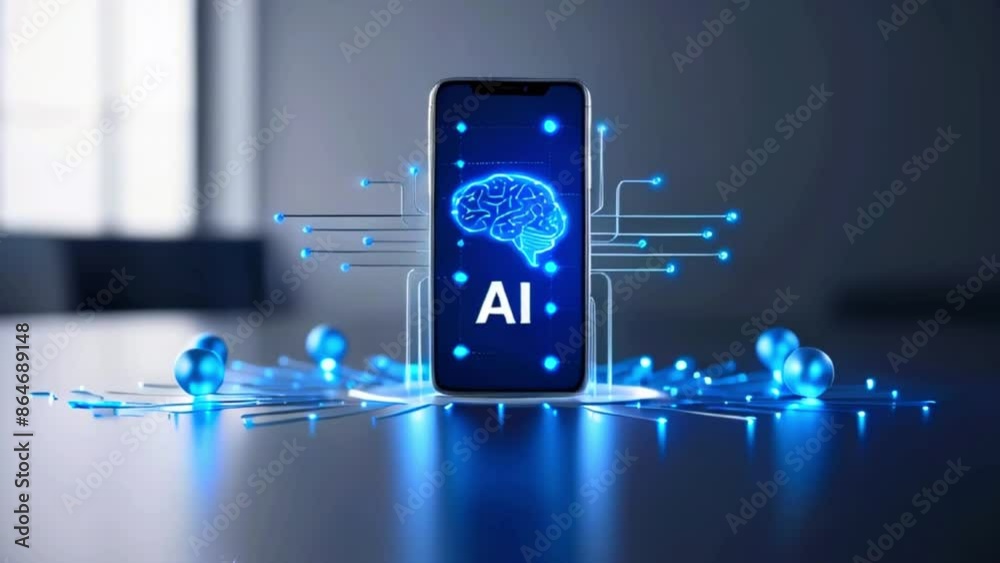 A blue and black image of a smartphone with the letters AI in the center.