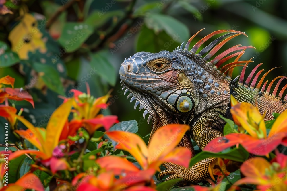 Fototapeta premium Green Iguana Among Orange Flowers