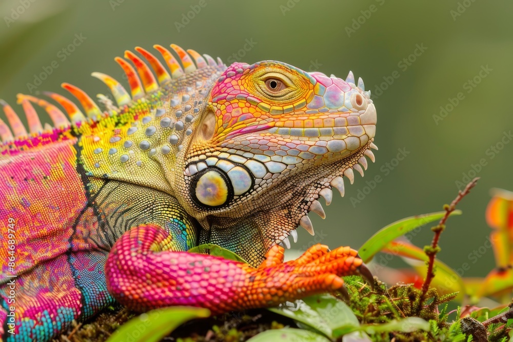 Fototapeta premium Vibrant Green Iguana with Rainbow Scales