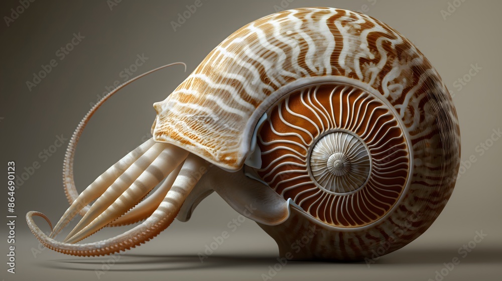 Obraz premium 2. Create a high-resolution illustration of a nautilus, featuring its full body against a transparent backdrop, emphasizing its intricate shell pattern and tentacle arrangement in precise detail.