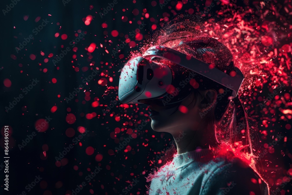 surreal portrait of woman wearing vr headset face disintegrating into red particles dark background accentuates dramatic effect blurred boundaries between reality and virtual world surreal portrait of woman wearing vr headset face disintegrating into red particles dark background accentuates dramatic effect blurred boundaries between reality and virtual world
