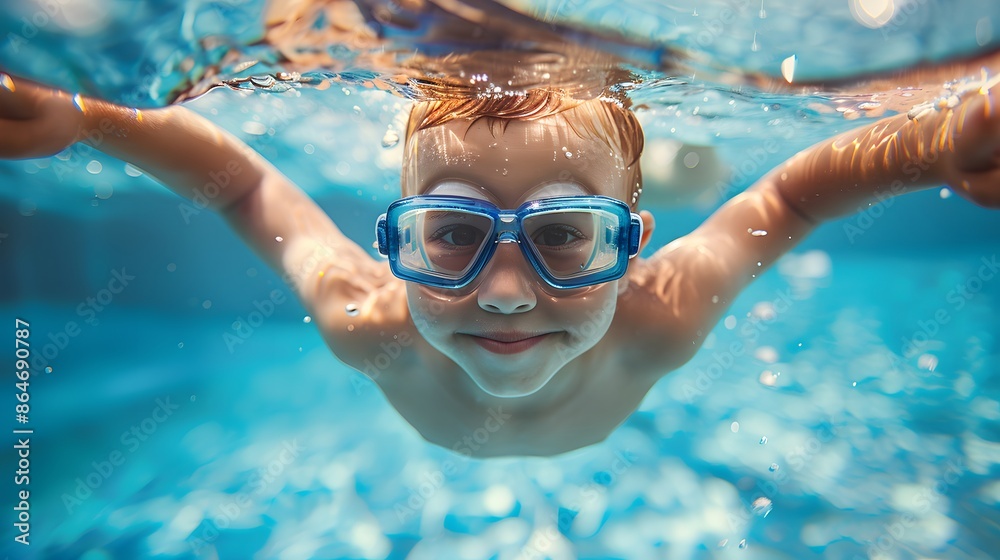 Naklejka premium Underwater Young Boy Fun in the Swimming Pool with Goggles. Summer Vacation Fun.