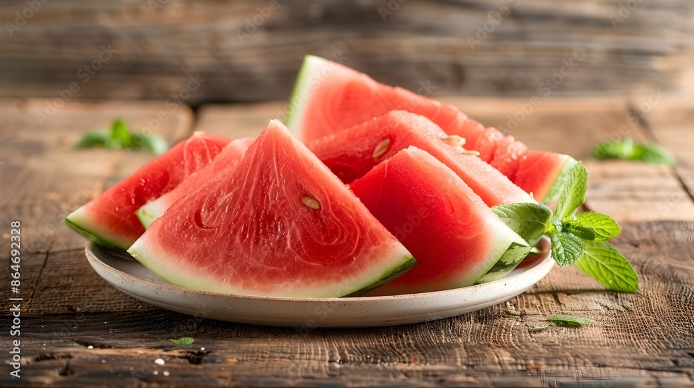 Refreshing Watermelon Slices Artfully Arranged on Rustic Wooden Table with Mint Garnish Refreshing Watermelon Slices Artfully Arranged on Rustic Wooden Table with Mint Garnish