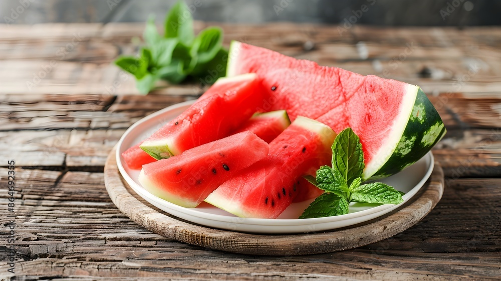 Freshly Sliced Watermelon Arranged on Rustic Wooden Table with Mint Garnish Freshly Sliced Watermelon Arranged on Rustic Wooden Table with Mint Garnish