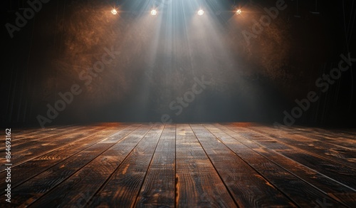 Dark Wooden Stage With Spotlights And Fog